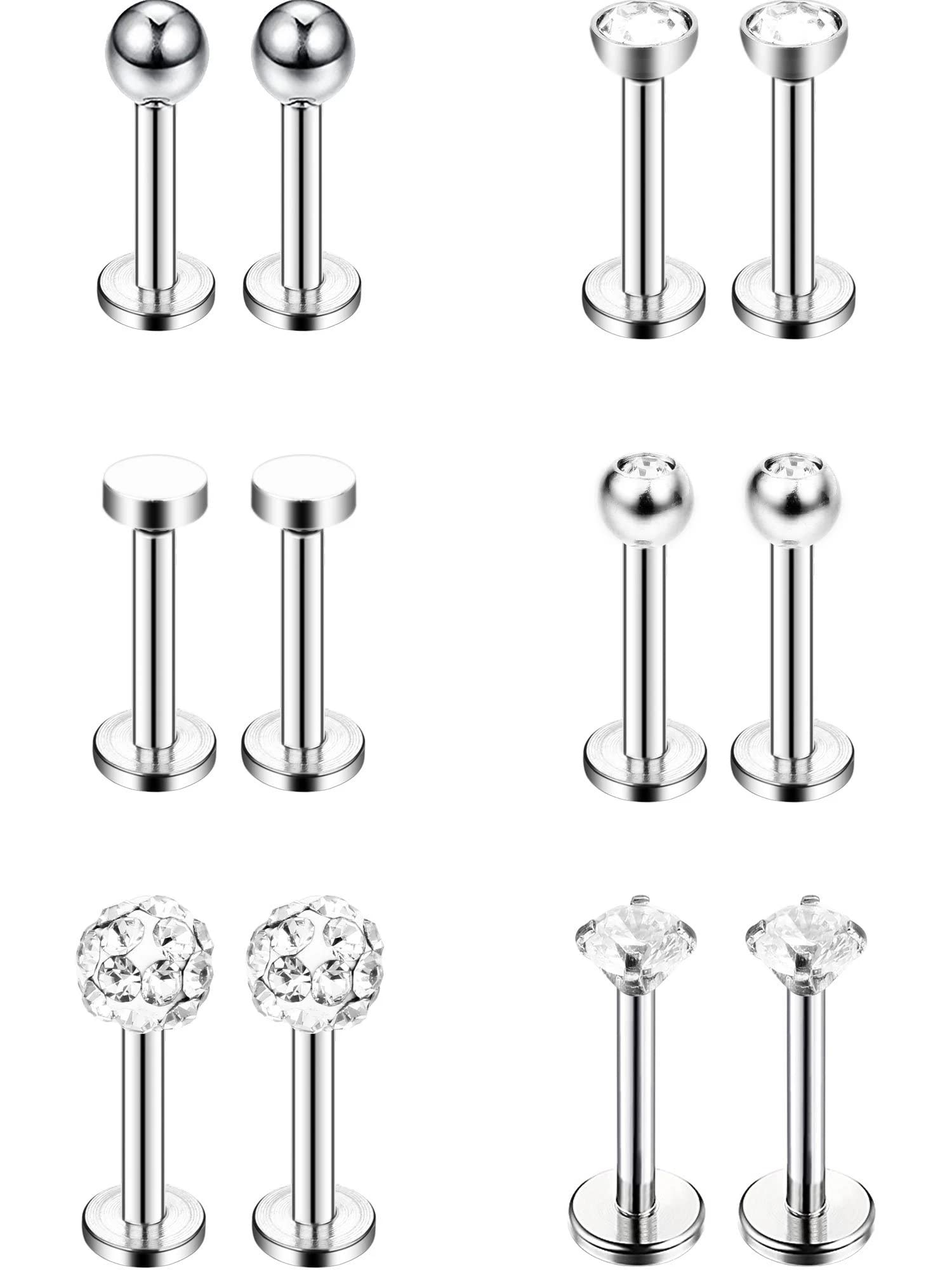 6 Pairs Stainless Steel Nose Studs Tragus Bars Labret Bars Crystal Ball Body Piercing Jewelry, 6 Designs, 16 Gauge (Silver)