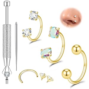 Titanium Horseshoe Nose Ring 20g, Gold Silver Nose Rings Hoops with Double CZ Gems Hypoallergenic Septum Ring for Women Men,