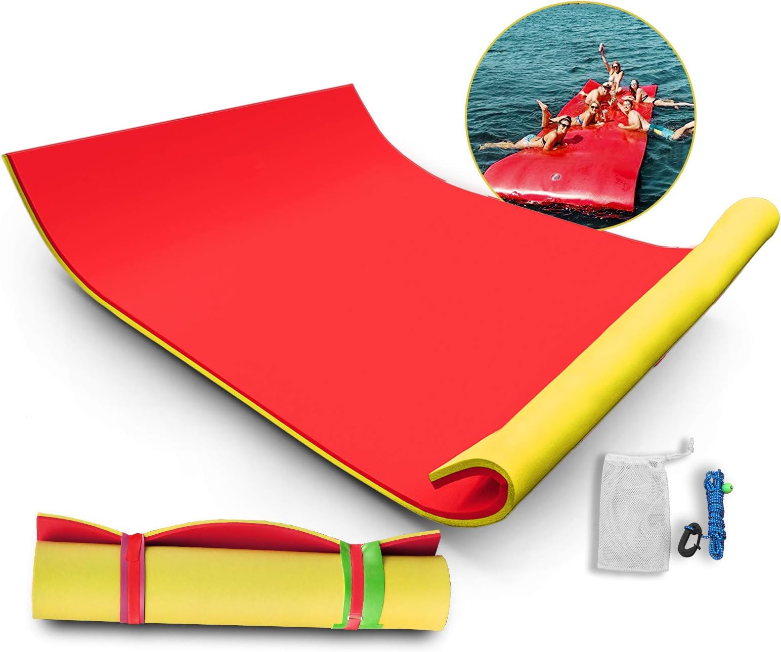 Popsport Floating Water Mat Series Floating Foam Pad Water Recreation and Relaxing in Pool/Beach/Lake Water Floating Mat with DIY Head Pillow for Adults and Kids (Red&Yellow, 12X6FT)