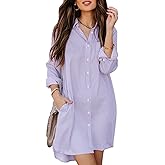 Aoudery Womens Button Down Shirt Dresses with Pockets Striped Cotton Shirts Collared Long Sleeve High Low Blouse Tops-Light Purple Striped XL