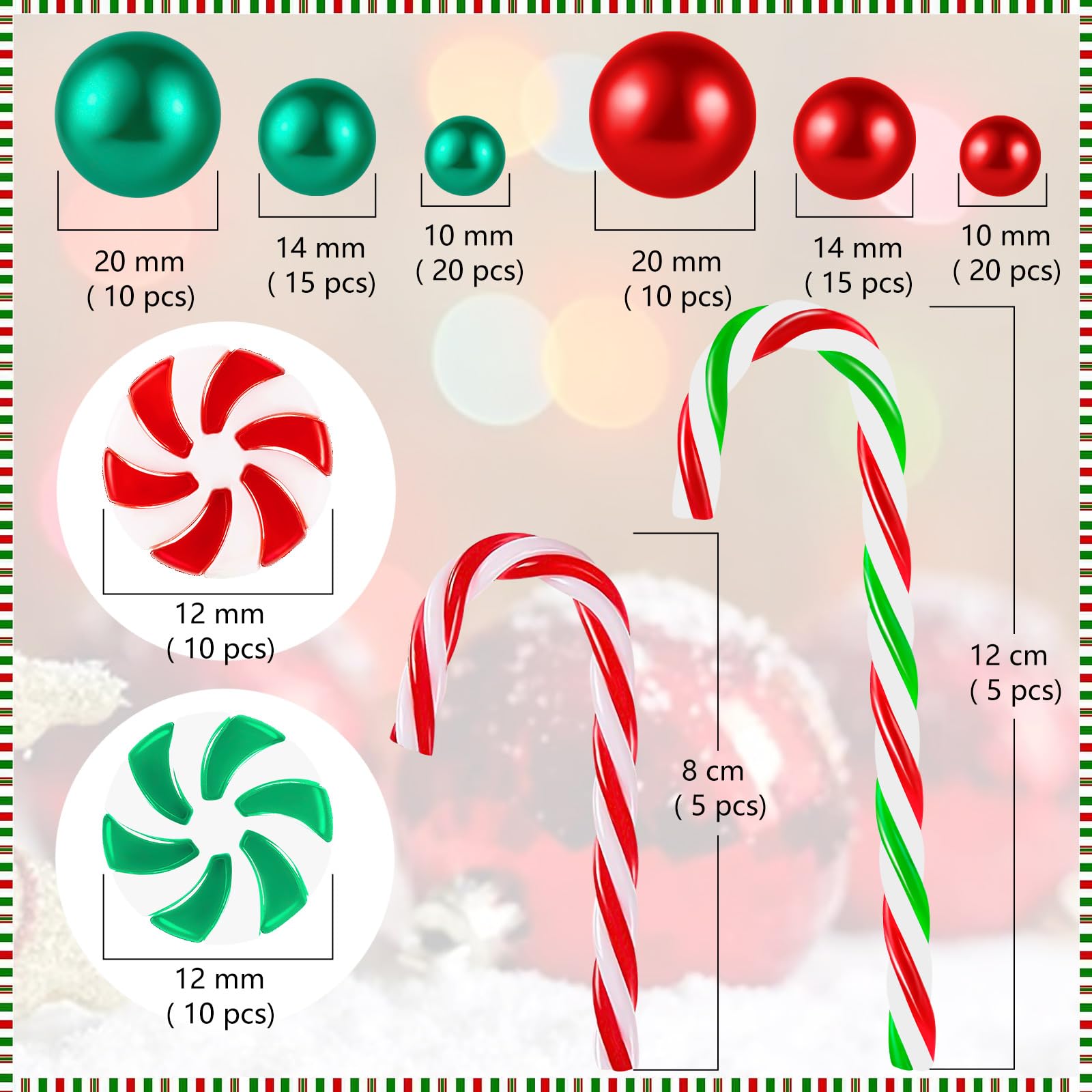 120 Pcs Christmas Vase Filler, Green Red Fake Candy Cane Beads Pearls for Vases for Table Decorations Centerpieces