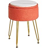 IBUYKE Teddy Velvet Storage Footrest Stool Ottoman, Makeup Vanity Stool Side Table with Removable Cover, Golden Steel Legs, Coffee Table Top Cover, Orange WBD010J