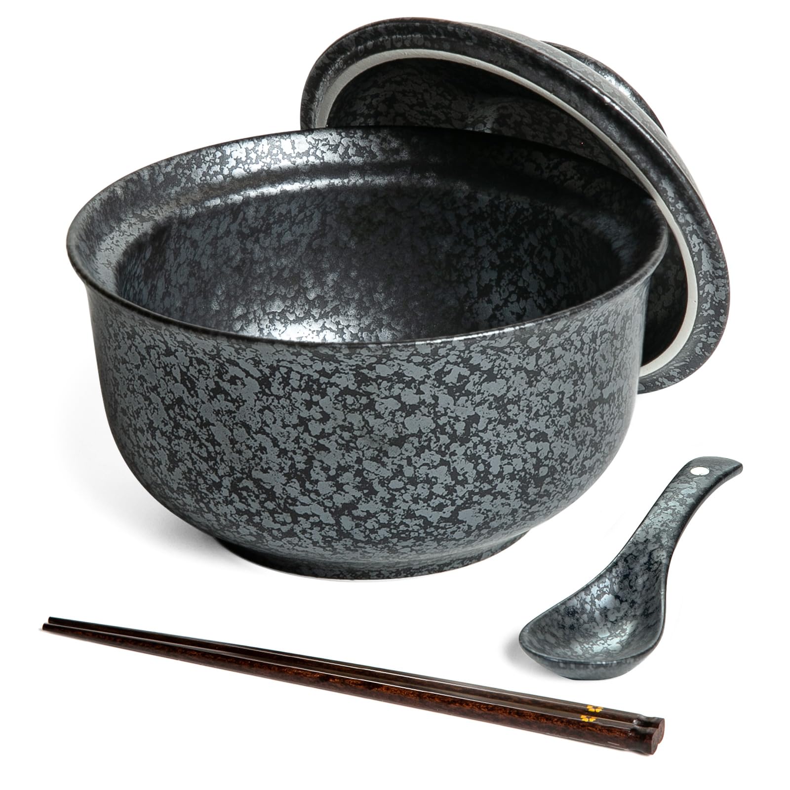 HLWDXno1 Ceramic Ramen Bowl, Japanese Style Retro Ramen Bowls Set 800ml Noodle Bowl with Chopsticks and Spoons, Asian Soup Bowls with Lid for Microwave & Dishwasher Safe, Classic Black