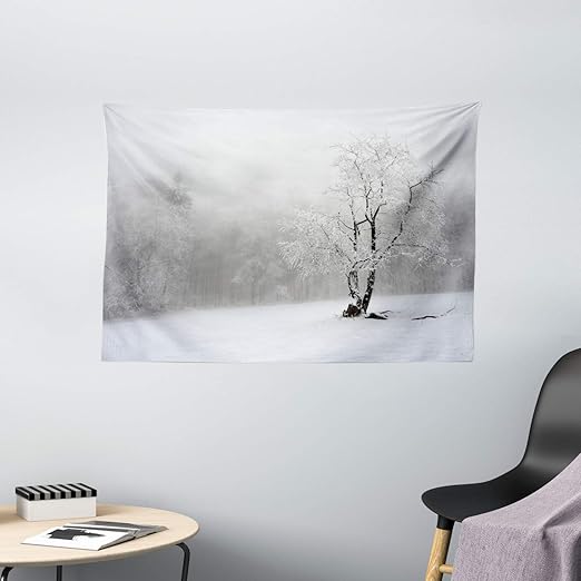 Amazon Com Ambesonne Tree Tapestry Winter Landscape Picture With A Tree In Snowy Field And Foggy Forest At The Back Wide Wall Hanging For Bedroom Living Room Dorm 60 X 40 White Black
