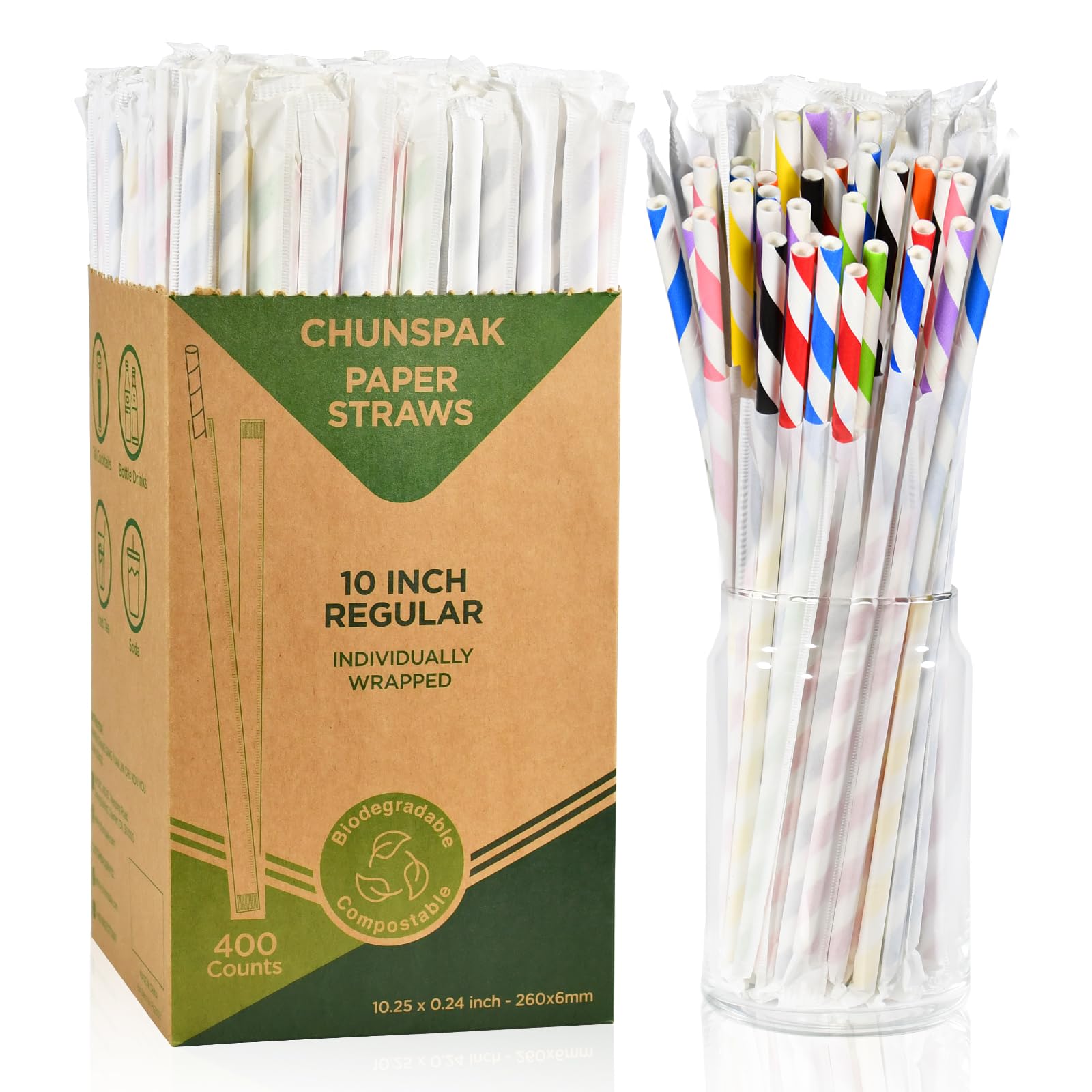 Extra Long Disposable Paper Straws, Individually Wrapped, 26 x 0.6 cm, Colourful Stripes - Pack of 400