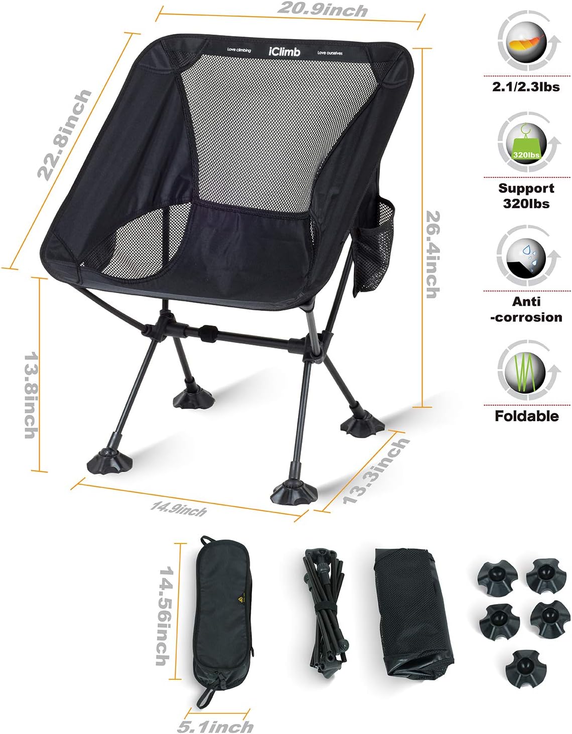 Black - Basic - 2 PC iClimb Ultralight Compact Camping Folding Beach