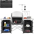 VBENLEM Camping Kitchen Table, Aluminum Portable Folding Camp Cook Table with Windshield, 3 Cupboard, Storage Organizer, Quick Installation for Outdoor Picnic Beach Party Cooking, Black