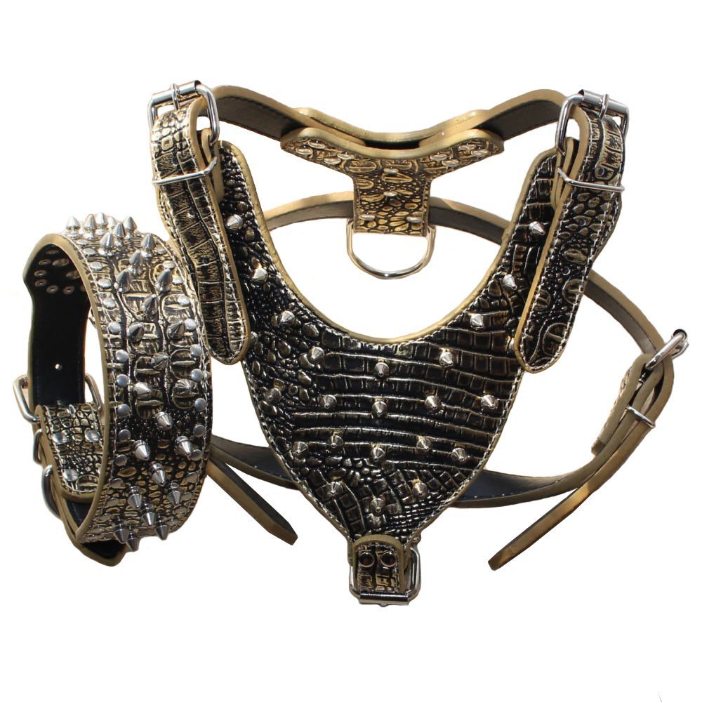 haoyueer Leather Spiked Studded Medium & Large Dog Collars, Harnesses 2Pcs Matching Set for Pit Bull,Mastiff, Boxer, Bull Terrier (L, Gold Brown)