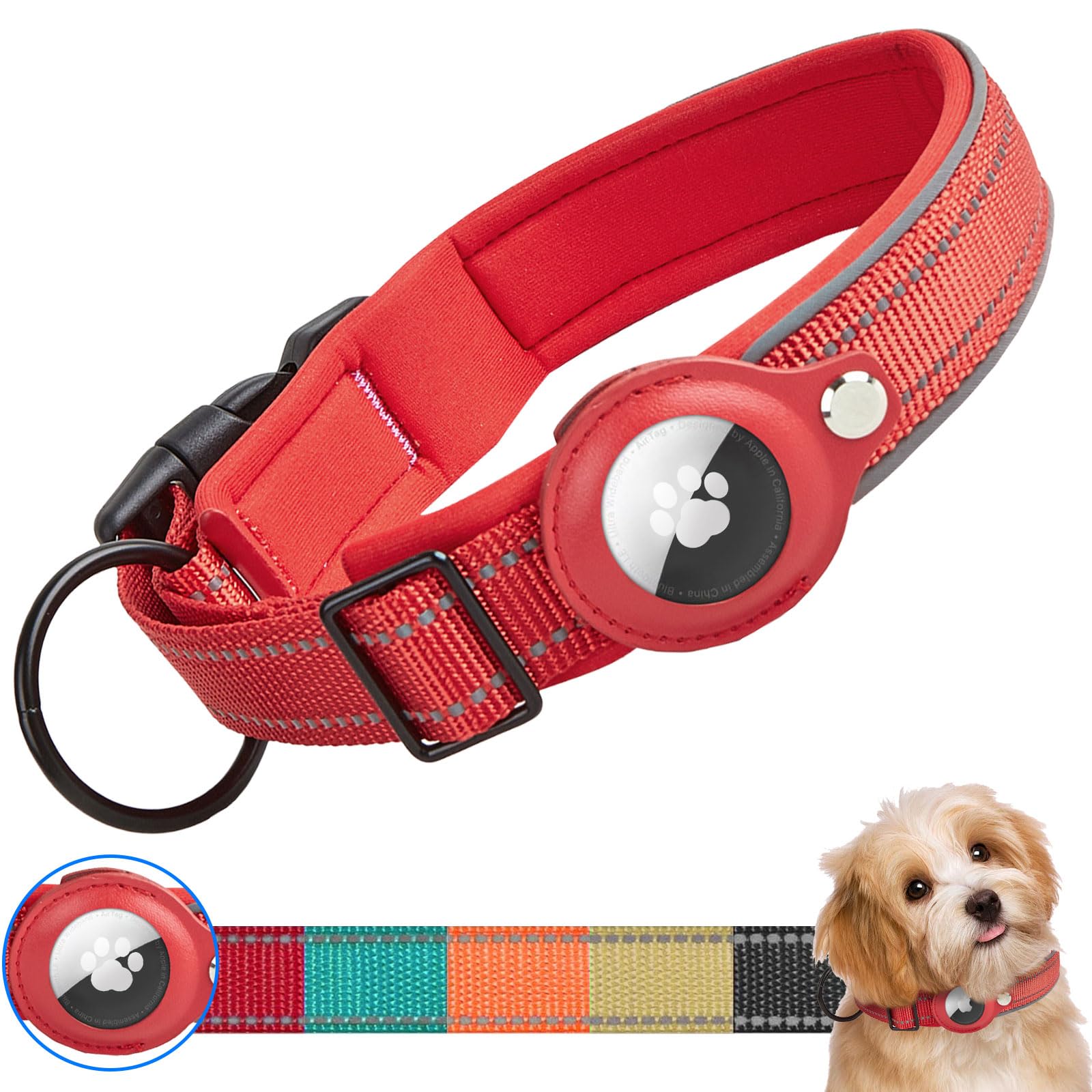 Ledeak Padded Dog Collar for AirTag, Reflective Waterproof Dog Collar Holder with Protective Case for Apple Airtag Dog Tracker, Durable Anti-lost Dog Collars for Small Medium Large Dogs (Red, XL)