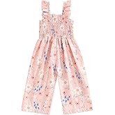 Emmababy Toddler Baby Girl Smocked Jumpsuit Wide Leg Romper Floral Flare Pants Sleeveless Strap Overalls Summer Playsuit