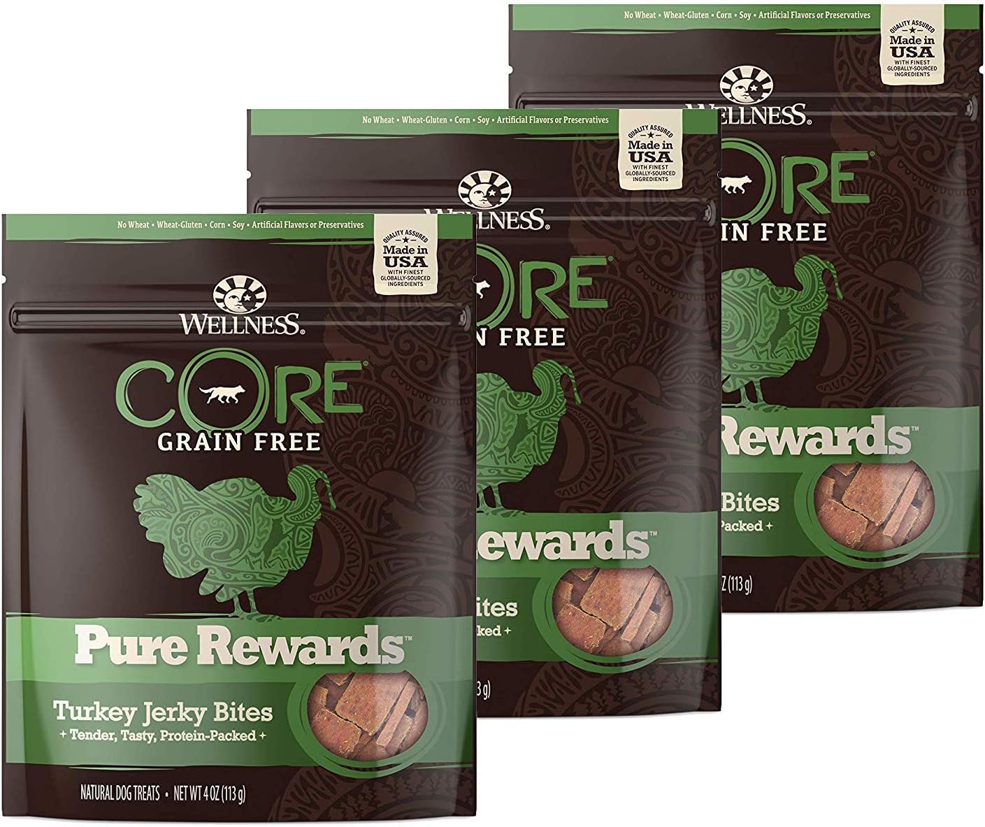 WELLNESS CORE Pure Rewards Natural Grain Free Dog Treats, Soft Jerky Bites, 4-Ounce Bag (Turkey Jerky, (3 Pack) 4-Ounce Bag)