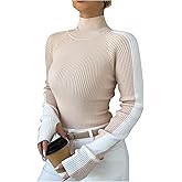 OYOANGLE Women's Color Block Sweater Turtleneck Long Sleeve Pullover Ribbed Knit Tops