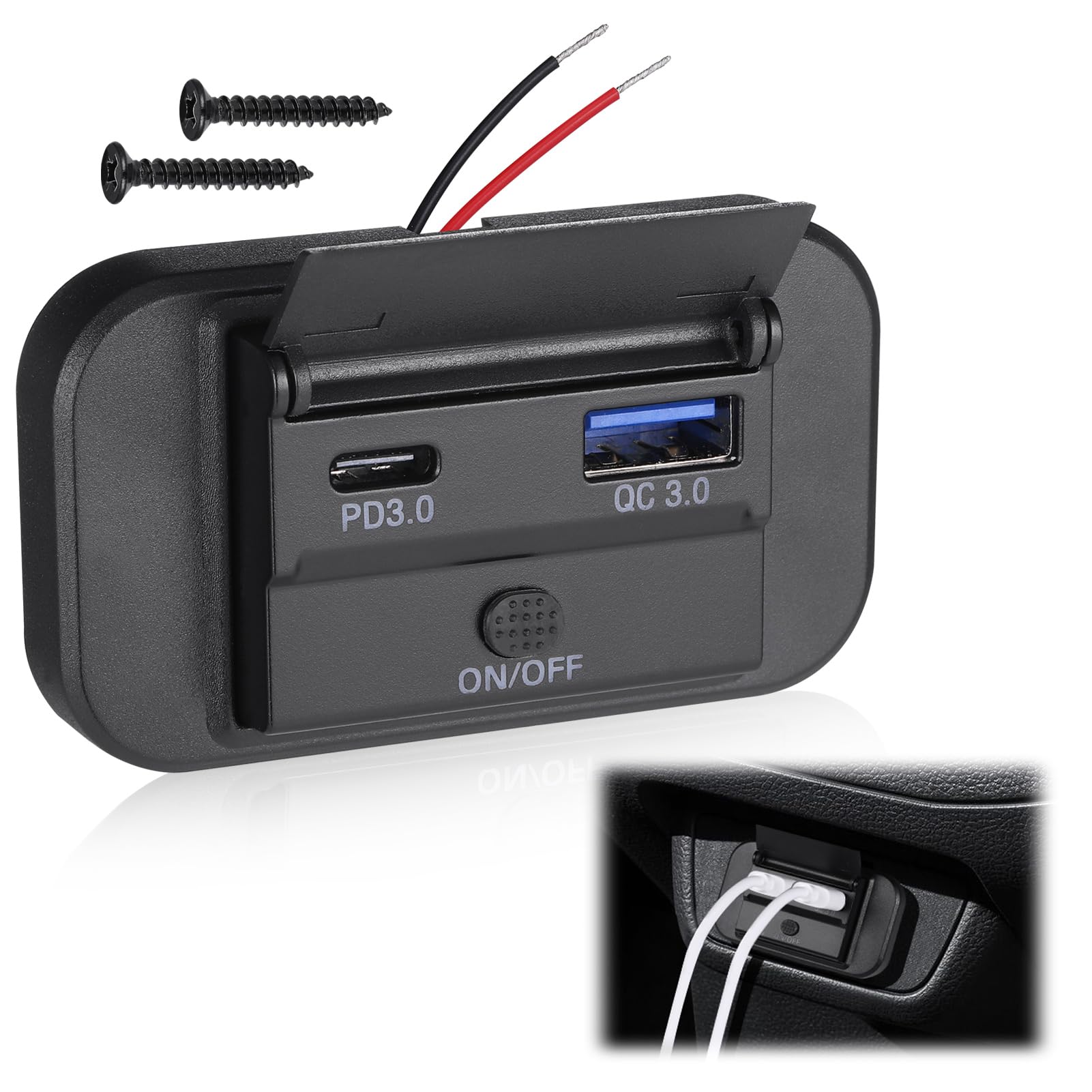 JIZZU Dual USB Car Charger Socket with Switch, PD USB C Charging Socket, QC3.0 Charging Socket, Type C Motorhome Sockets 12V / 24V for Boat SUV Caravan RV Truck Marine