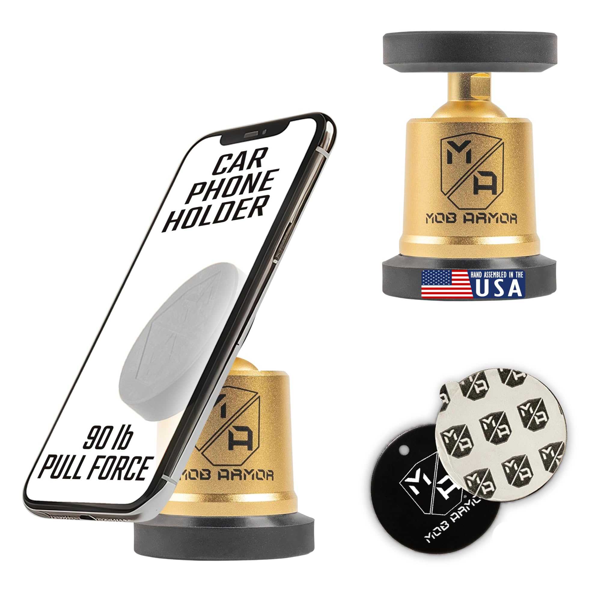 Mob Armor MobNetic Maxx - USA Assembled Magnetic Phone Holder for Car, Magnetic Car Phone Mount, 90-Degree Tilt, 360-Degree Rotation, Aluminum Metal, Compatible with iPhone & Android - Gold