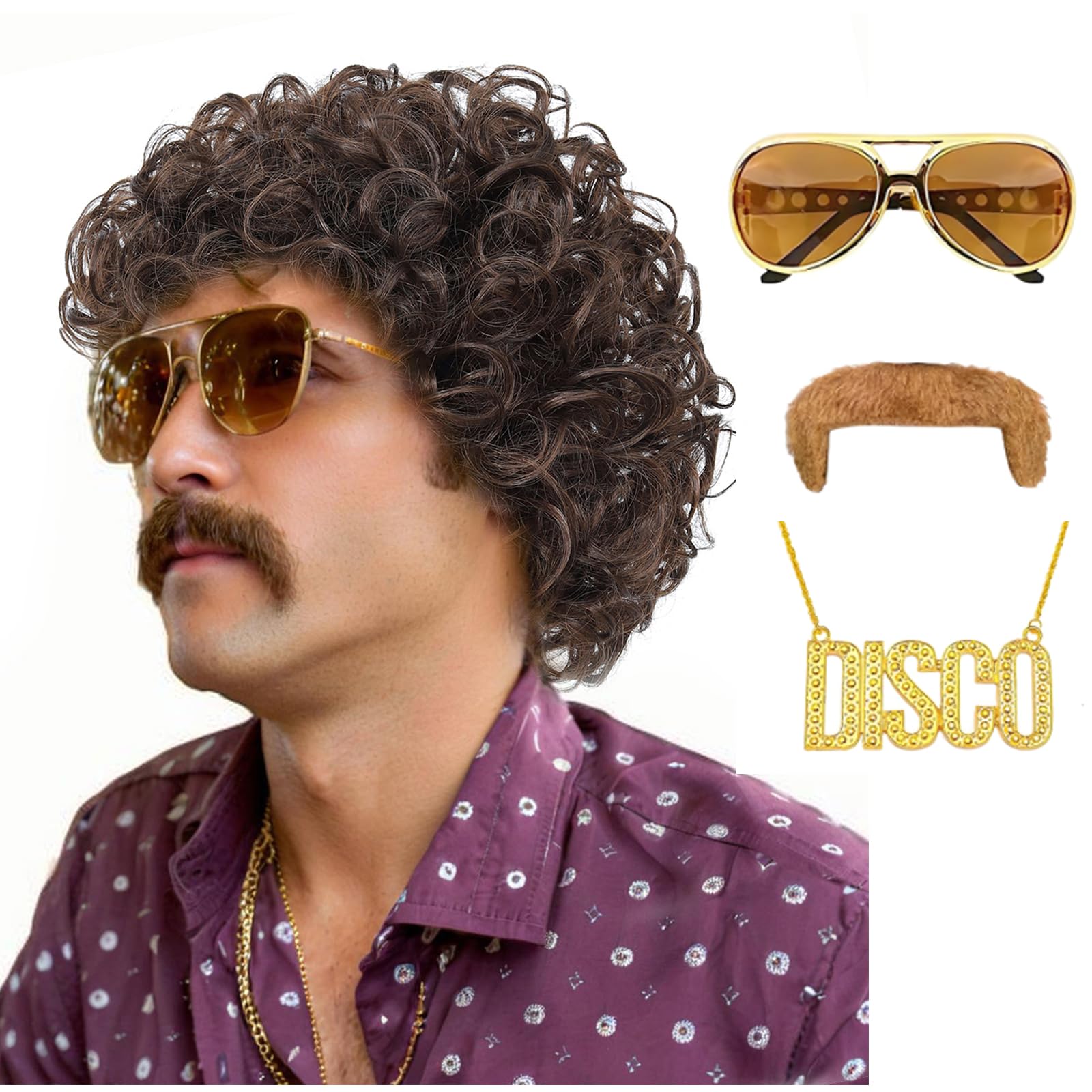 Photo 1 of Traqur Mens Short Afro Wig,70s Outfits for Men,70s Wigs for Men,Pelucas Para Hombres,80s Disco Costumes wig (Dark Brown)