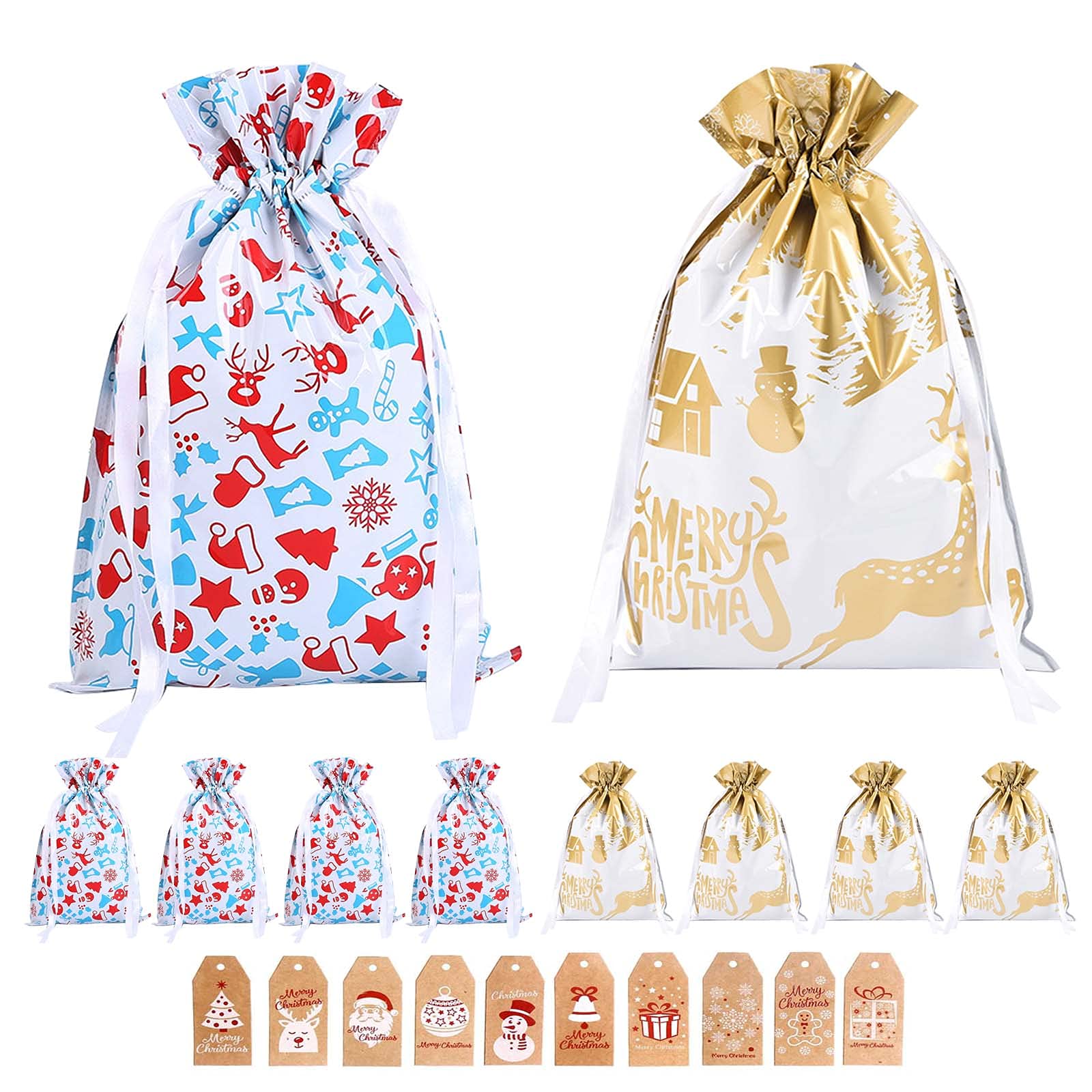 Christmas Wrapping Drawstring Gift Bags,10PCS Xmas Wrapping Bags Medium (16.5inX11.4in),Christmas Foil Drawstring Presents Bags