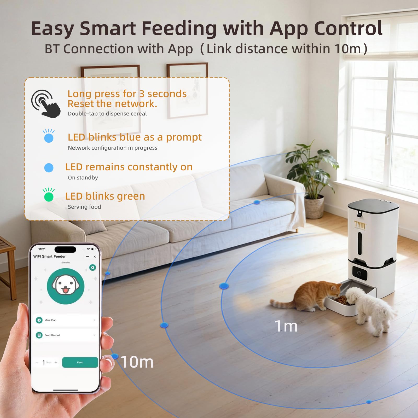 TYM Automatic Cat Feeder 7L Time Cat Feeder for Dry Food APP Control Pet Food Dispenser Programmable Portion Size Auto Feeder for Cats and Dogs with Stainless Bowl Large Capacity(WiFi is Not Required)