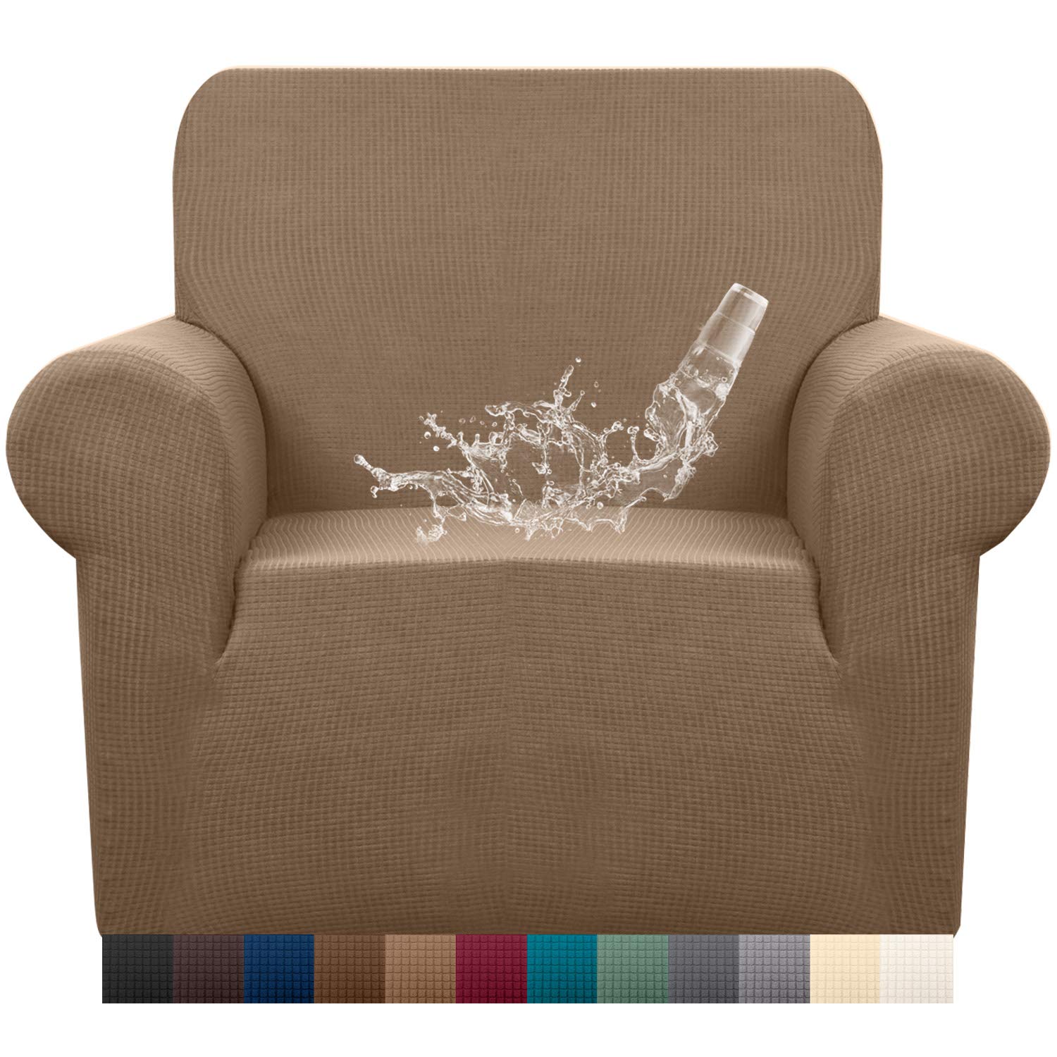 Granbest Premuim Water Repellent Armchair Covers 1 Piece Stretch Chair Slipcover for Living Room Non Slip Chair Protector Jacquard Sofa Cover 1 Seater Chair Covers (1 Seater, Khaki)