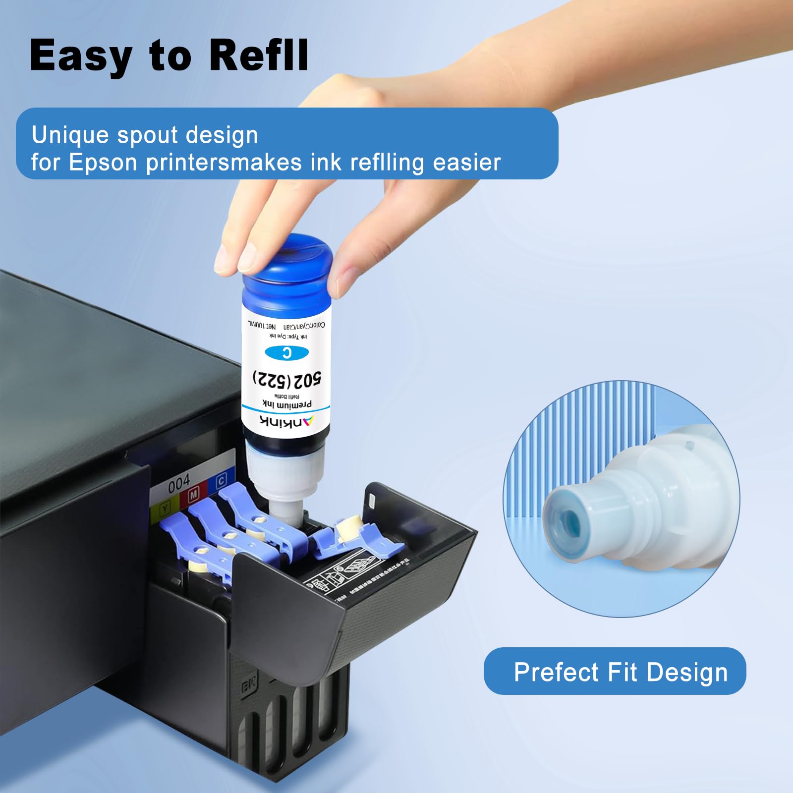 502 Ink Refill Bottles (3BK C/M/Y) for Ecotank ET-2760, ET-3760, ET-4760, ET-2800, ET-2850, ET-2750, ET-15000, ET-4850, ET4750, ET-3710, ET-3850, ET-3750, ET-3830, ST4000, ST2000, ST3000 ET3700 ET2700