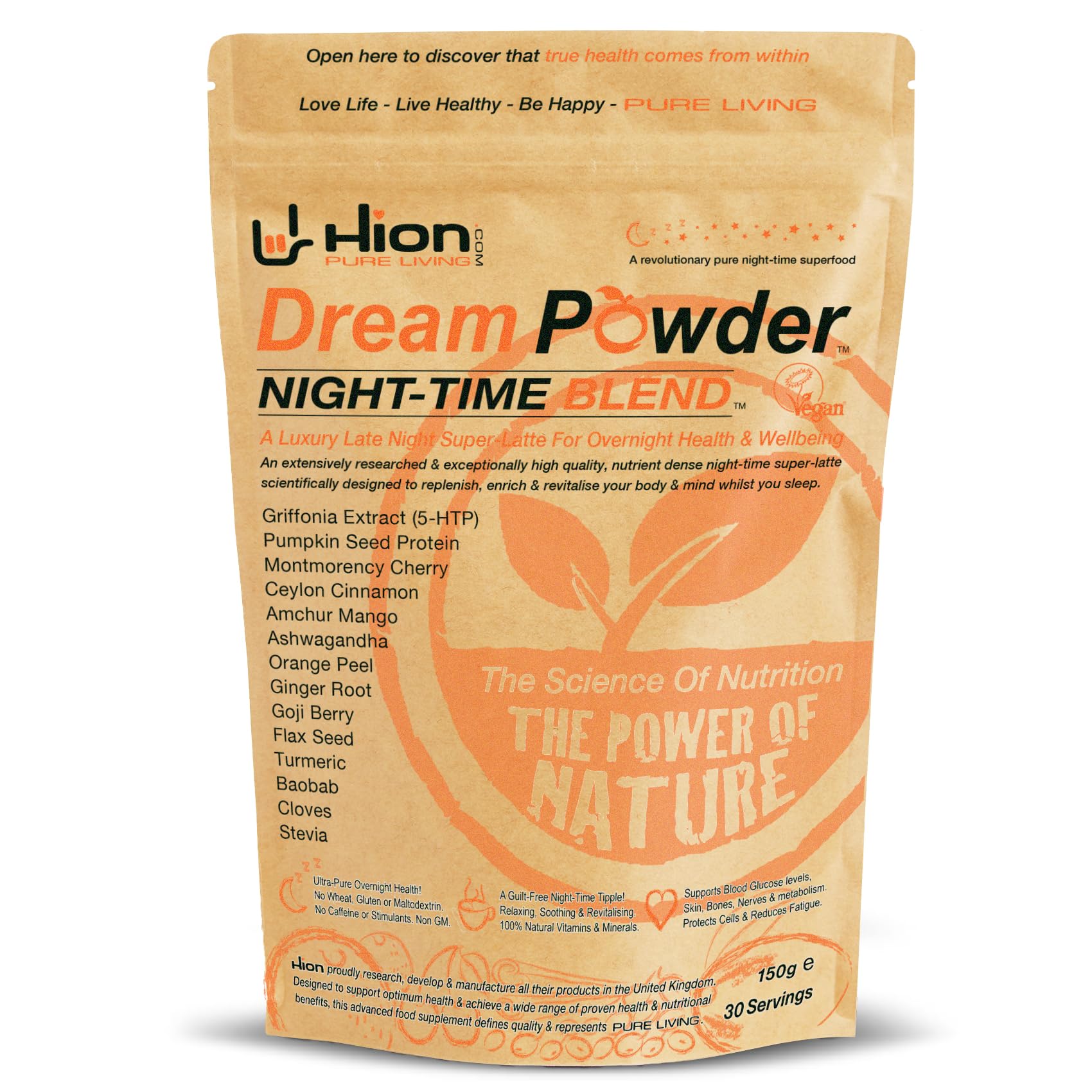 Hion Dream Powder – UK Made Superfood | 14 Powerful Botanicals (Griffonia 5‑HTP, Cinnamon, Cherry, Ashwagandha) to Relax, Aid Sleep & Support Overnight Recovery | Vegan, Gluten‑Free | 30 Servings