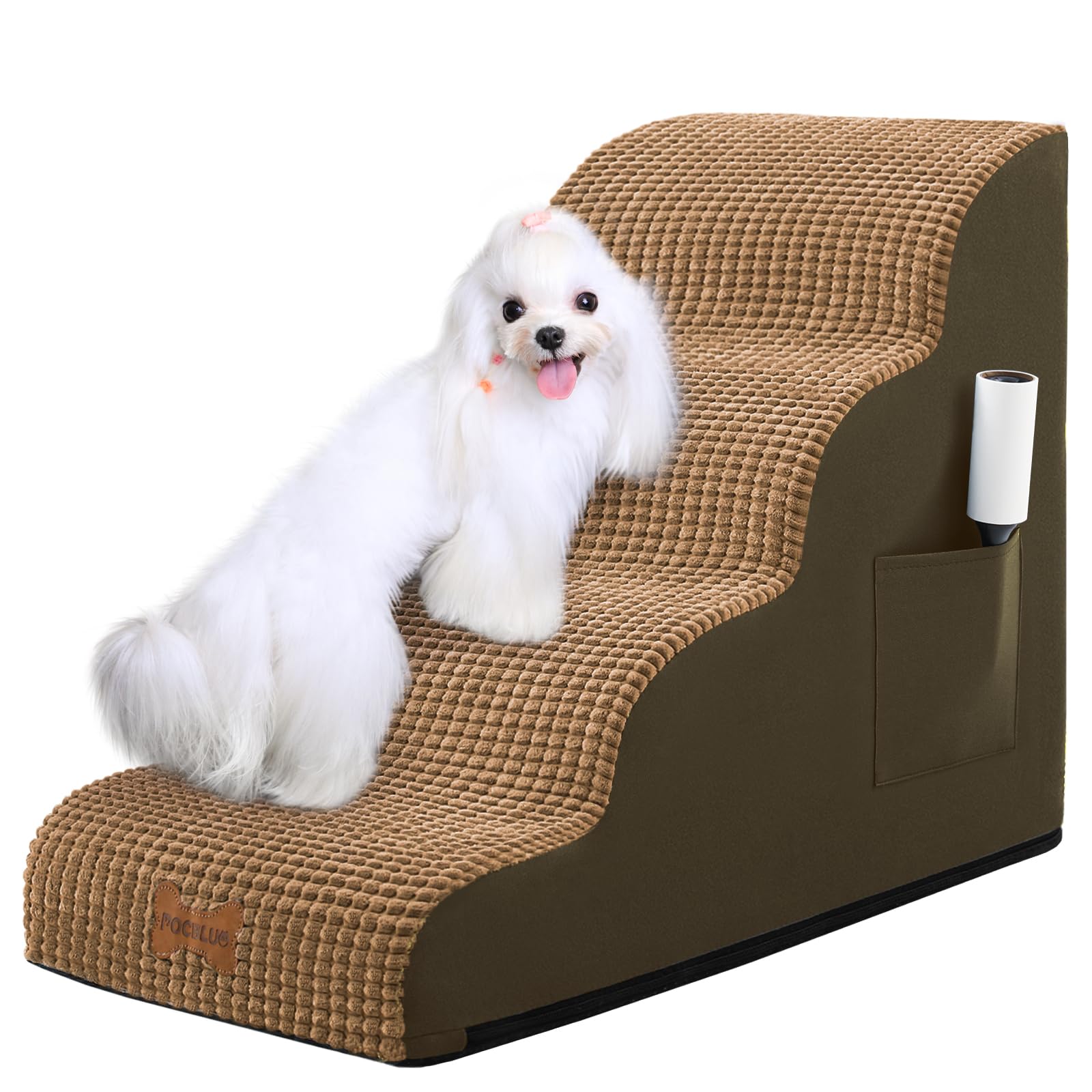 Dog Stairs for Small Dogs, Wide Pet Step with Removable Cover, No Assembly High Density Foam Cat Ramp for Bed or Sofa, 4-Step, Light Brown Image