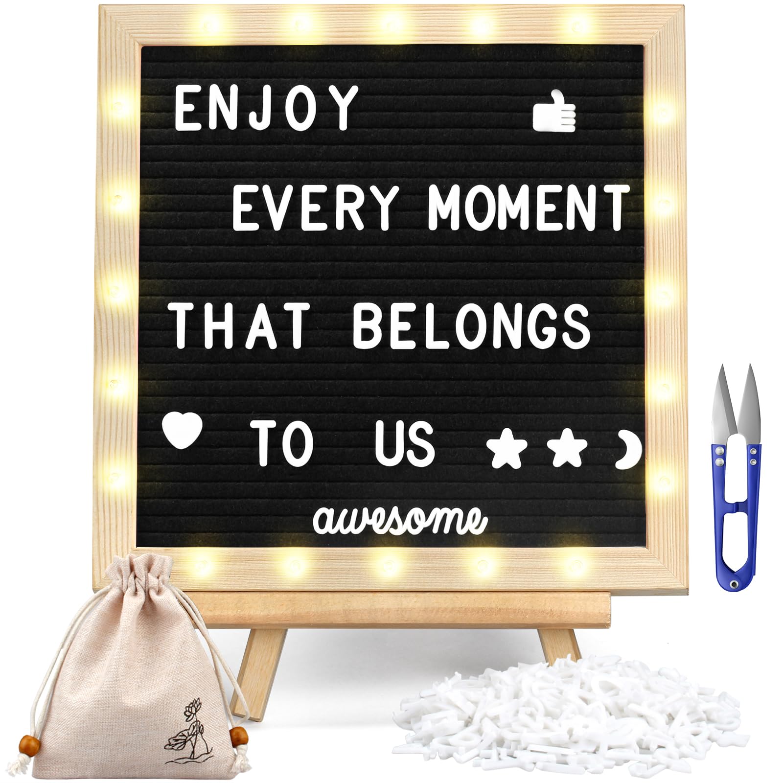 Black Pegboard Felt Letter Board (25 x 25 cm), Letter Board 340 Letters, Integrated LED Lighting, Adjustable Stand for Menus, Pregnancy and Baby Announcements, Weddings