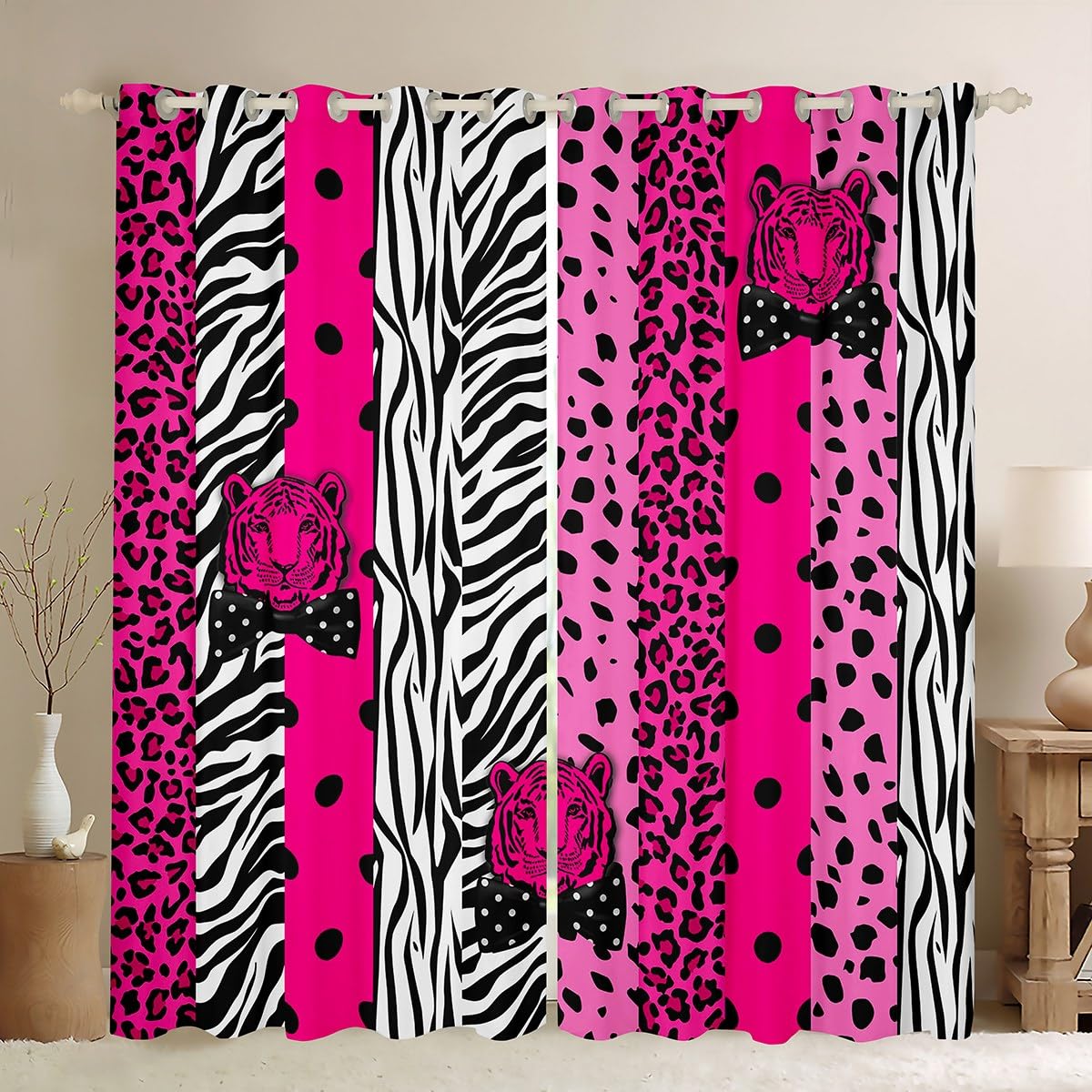 Manfei Wild Tiger Blackout Curtain Rose Leopard Print Window Treatments, Black White Zebra Skin Window Drapes for Kids Boys Girls Adults Grommet Top 2 Panel Set Bedroom Curtains, 46Wx54L inch