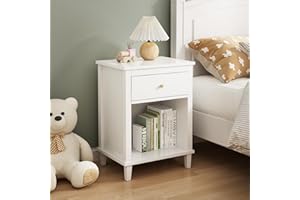 BAOMKONG Nightstand with Drawer for Kids, Adults, Wood Bed Side Table with Storage Shelf, Night Stand for Bedroom, 2-Tier Storage End Table for Living Room, White