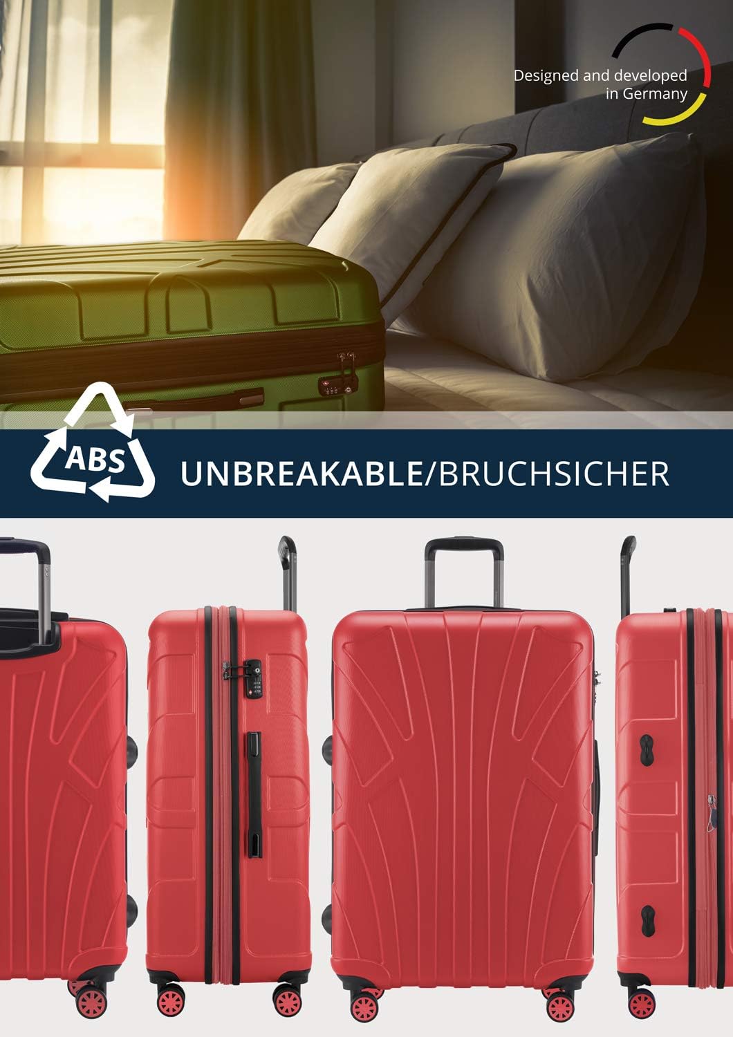 Suitline - Big Hardshell Suitcase Trolley Travel Luggage Hardcase with Extension, TSA, 76 cm, 96-110 liters, 100% ABS mat, Coral - Image 5