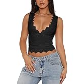 Women Sexy Cropped Lace Top Sleeveless V-Neck Lace Trim Crop Top Slim Fit Summer Tank Top Streetwear
