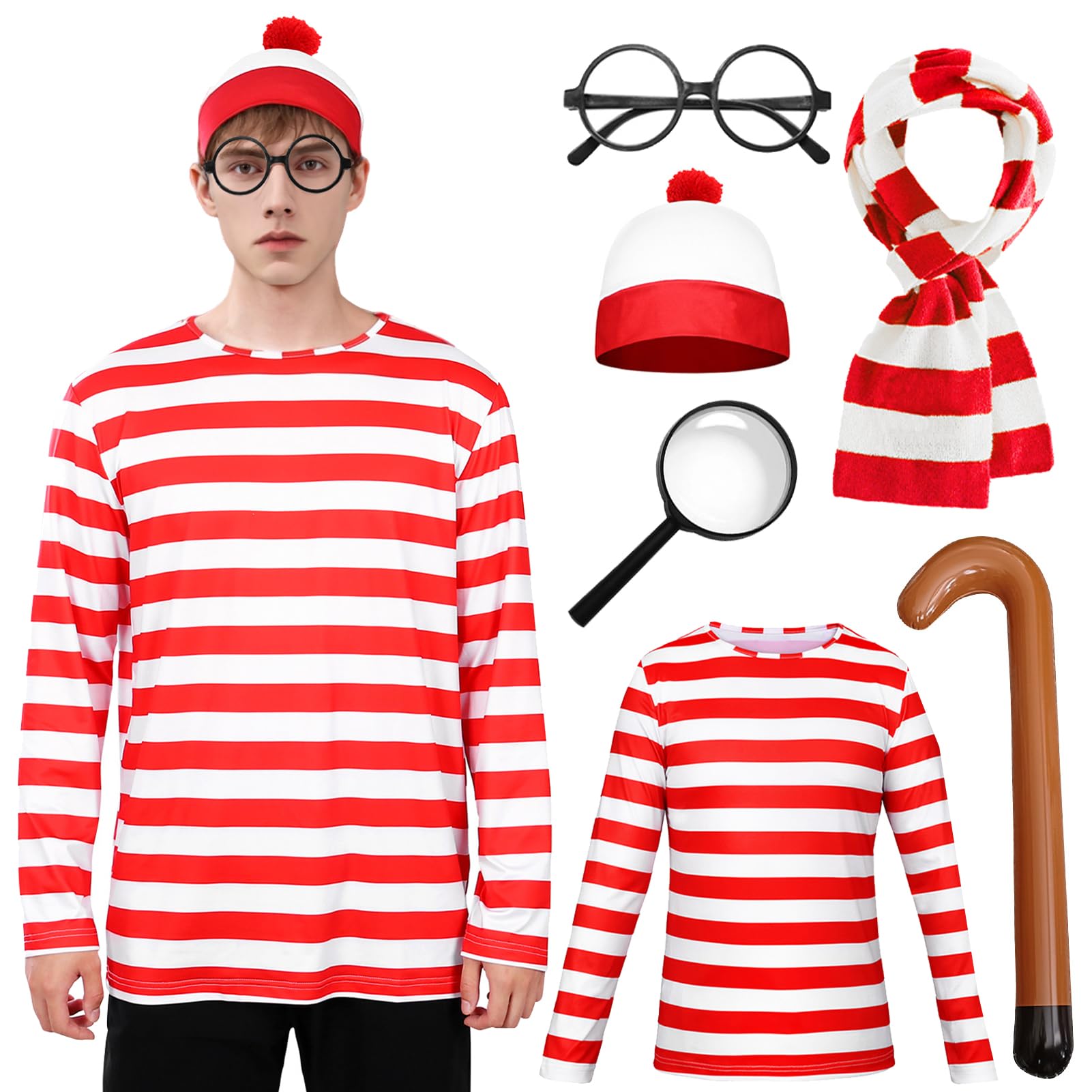 Maryparty Wally Costume Set Long Sleeve Red & White Stripe Top + Red & White Bobble Hat + Black Nerd Glasses Fancy Dress Costume Set for World Book Day (Men, XXL)