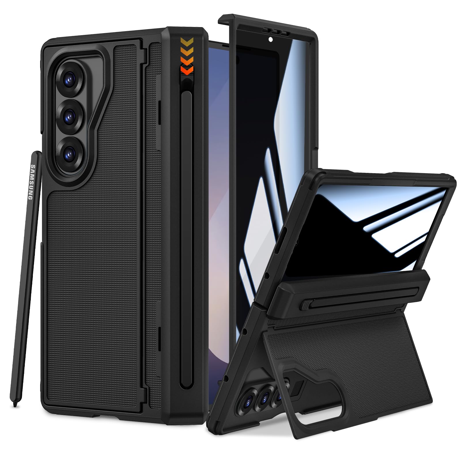 Ruky for Z-Fold-6-Case with S Pen Holder, [No Pen] with Hidden Foldable Kickstand and Built-in Privacy Screen Protector,Hinge Protection Drop Protective Phone Case for Samsung Galaxy Z Fold 6, Black