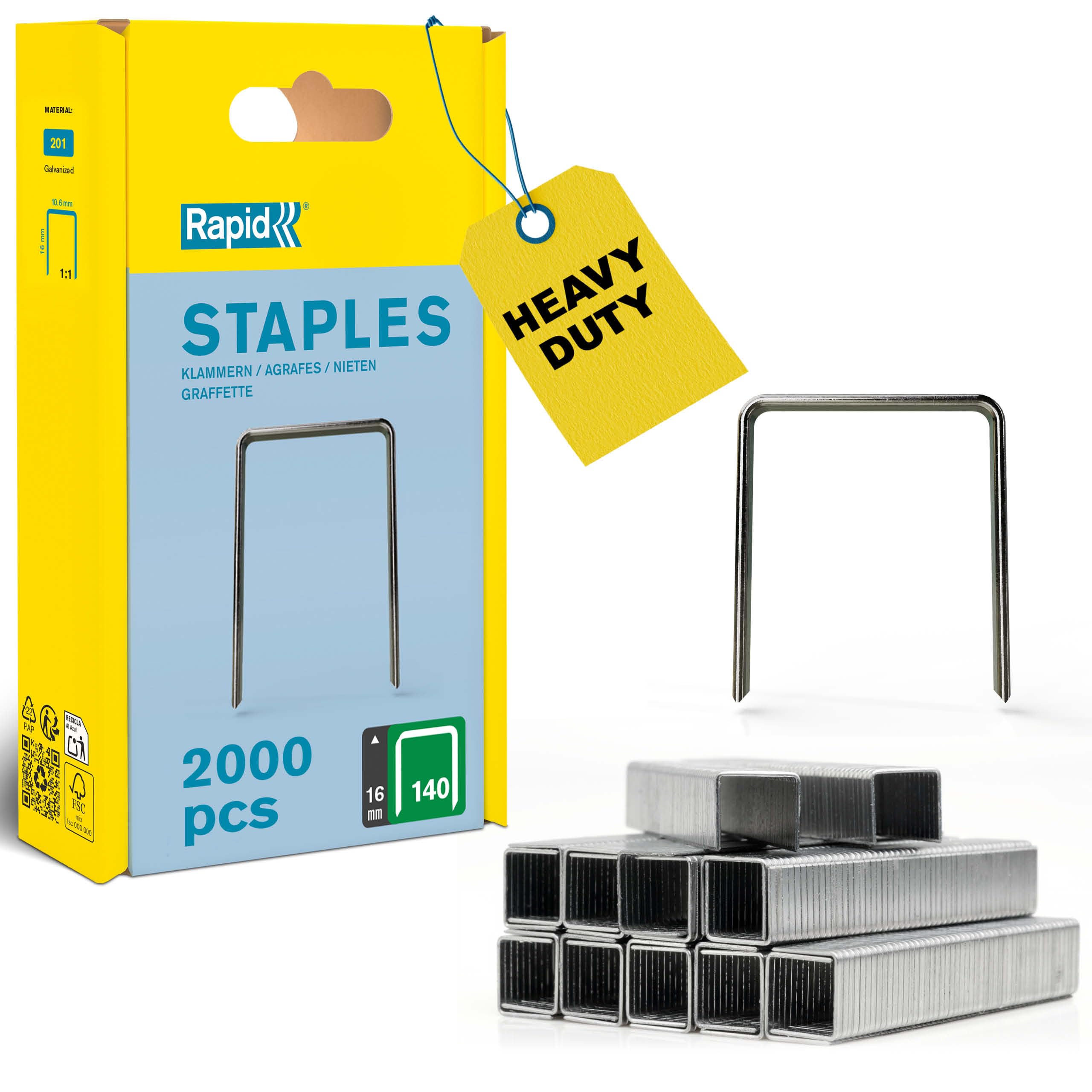 Rapid High-Performance Staples for Insulation, Thin Plastics, Cardboard and Carpets Flatwire No. 140, Leg Length 16mm, Staple Gun Staples, Galvanised Steel, 2000 Pieces, Plastic Box (5000091)