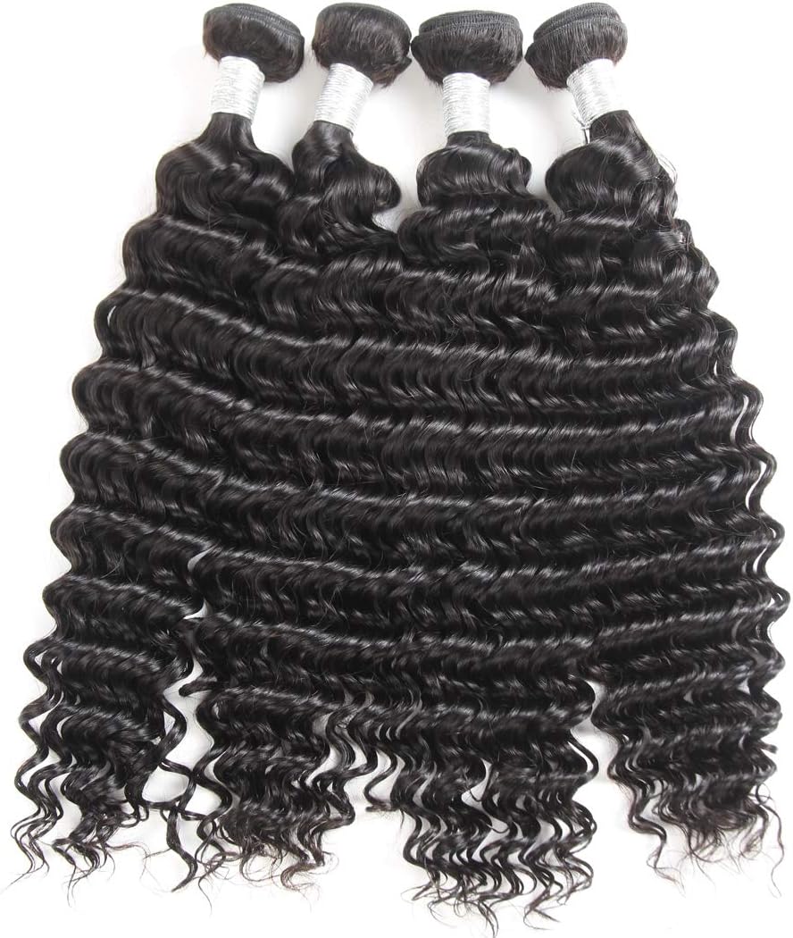 XYHair Deep Wave Human Hair Bundles 100% Virgin Deep Curly hair bundles Brazilian Curly Hair Extensions(16161616,Natural Black)
