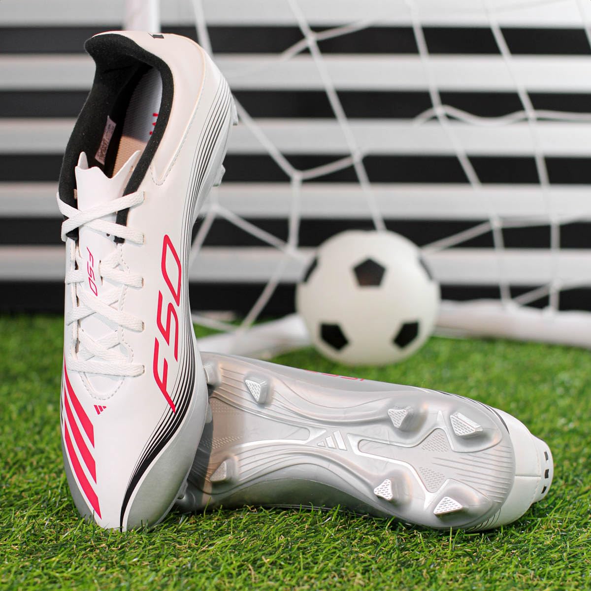 adidas Unisex F50 Messi Club Firm Ground/Multi Ground Football Boots, Cloud White/Lucid Red/Silver Metallic, 44 2/3 EU 3