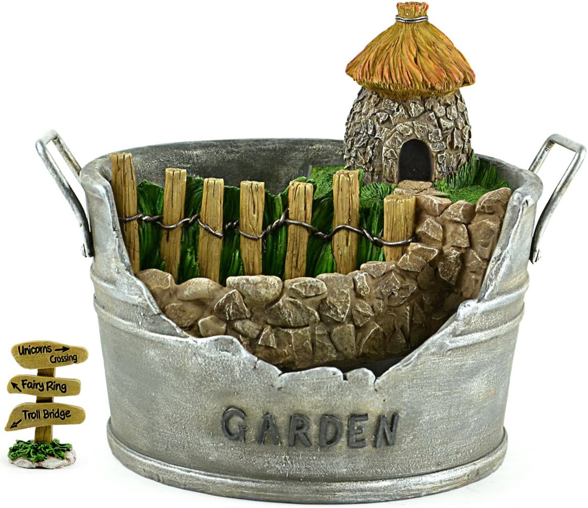 DIY - Miniature Garden Kit - Garden Planter Pot with Hut and Cute Sign that States: "Unicorn Crossing, Fairy Ring, and Troll Bridge" for Gnome, Troll or Fairy Garden