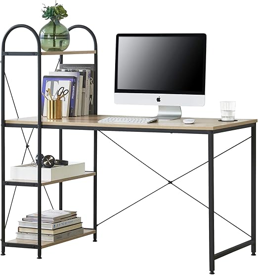 En Casa Desk With 4 Shelves Office Table With Shelf Computer Table On Metal Frame Desk 122 X 120 X 64 Cm Black Amazon De Kuche Haushalt