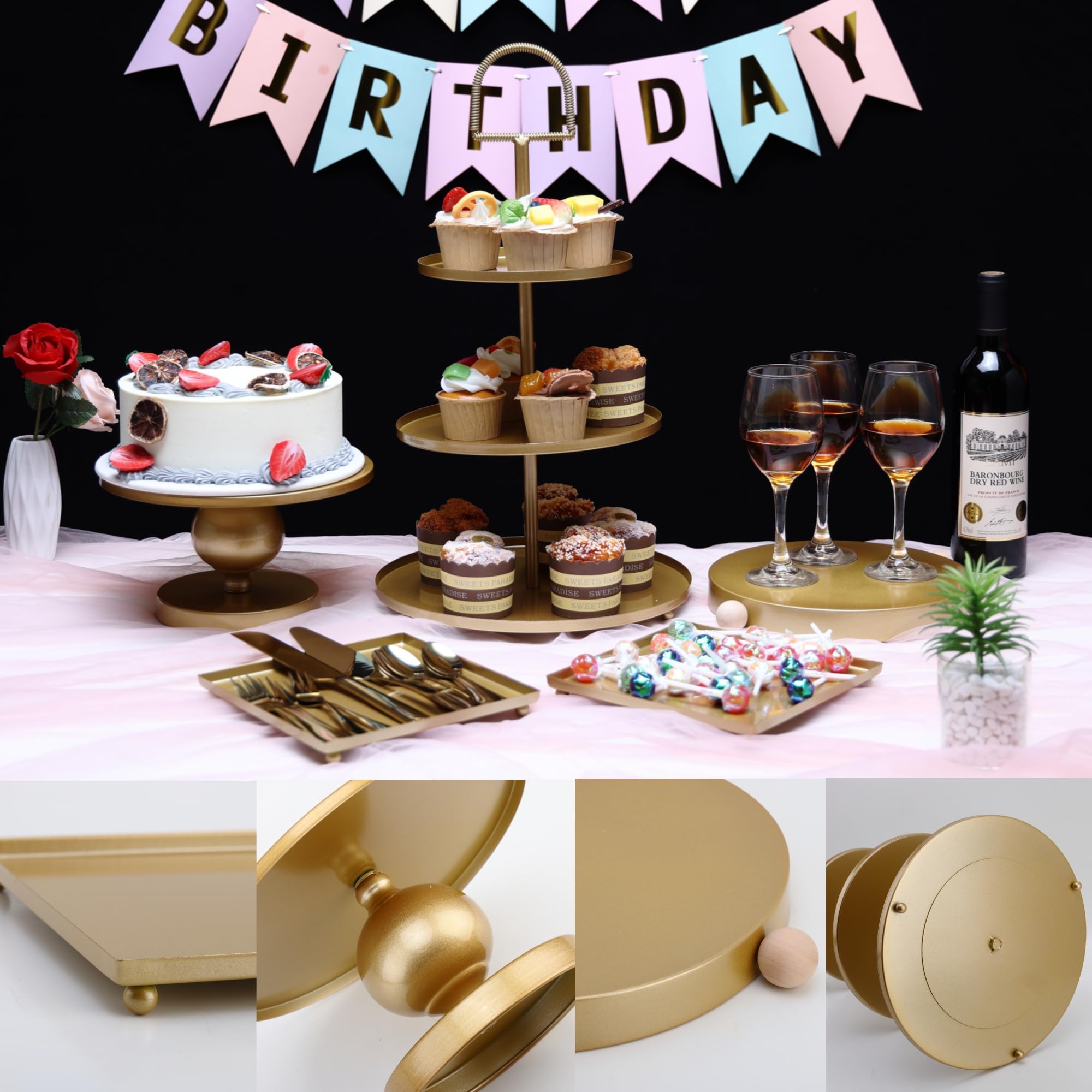 Gold Cake Stand Serving Set Decorative Desserts Display Pedestals 3-Tiered Cupcakes Holder Serving Tray for Weddings, Birthdays, Baby Showers, Celebrations Table Decoration