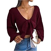 WDIRARA Women's Bow Tie V Neck Crop Sweater Long Sleeve Knit Pullover Tops Knitwear