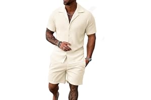 UOUA 2 Piece Short Sets for Men Summer Beach Outfits Stripe Texture Button Down Shirts & Shorts Casual Vacation Set