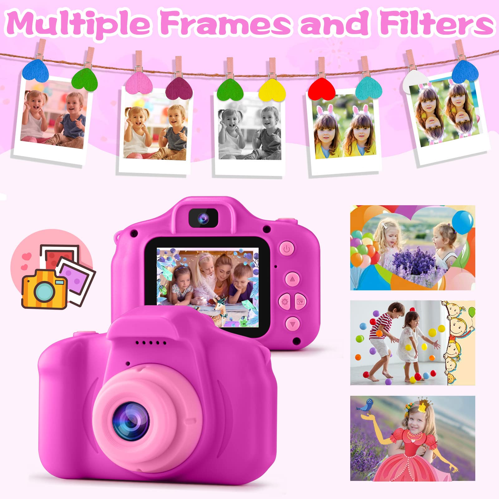 PROGRACE Kids Camera Girls Gift - Dual Selfie Kids Digital Camera Age 3 4 5 6 7 8 9 Year Old Children Camera Toys Christmas Birthday Gift Age 3-12 Toddler Camera Kids Video Camcorder Recorder,Rose Red