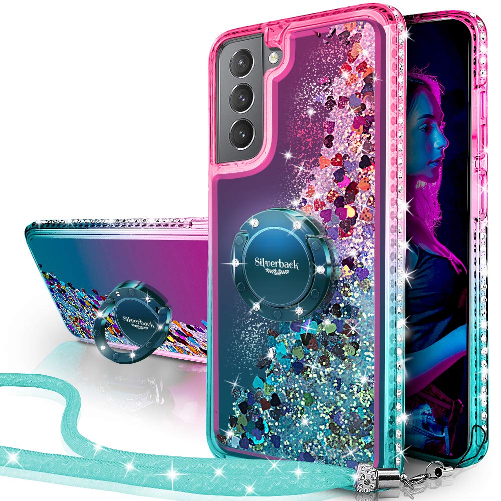 Silverback for Samsung Galaxy S21 Plus Case, Moving Liquid Holographic Sparkle Glitter Case with Kickstand, Girls Women Bling Diamond Ring Protective Case for Galaxy S21 Plus 5G -Green