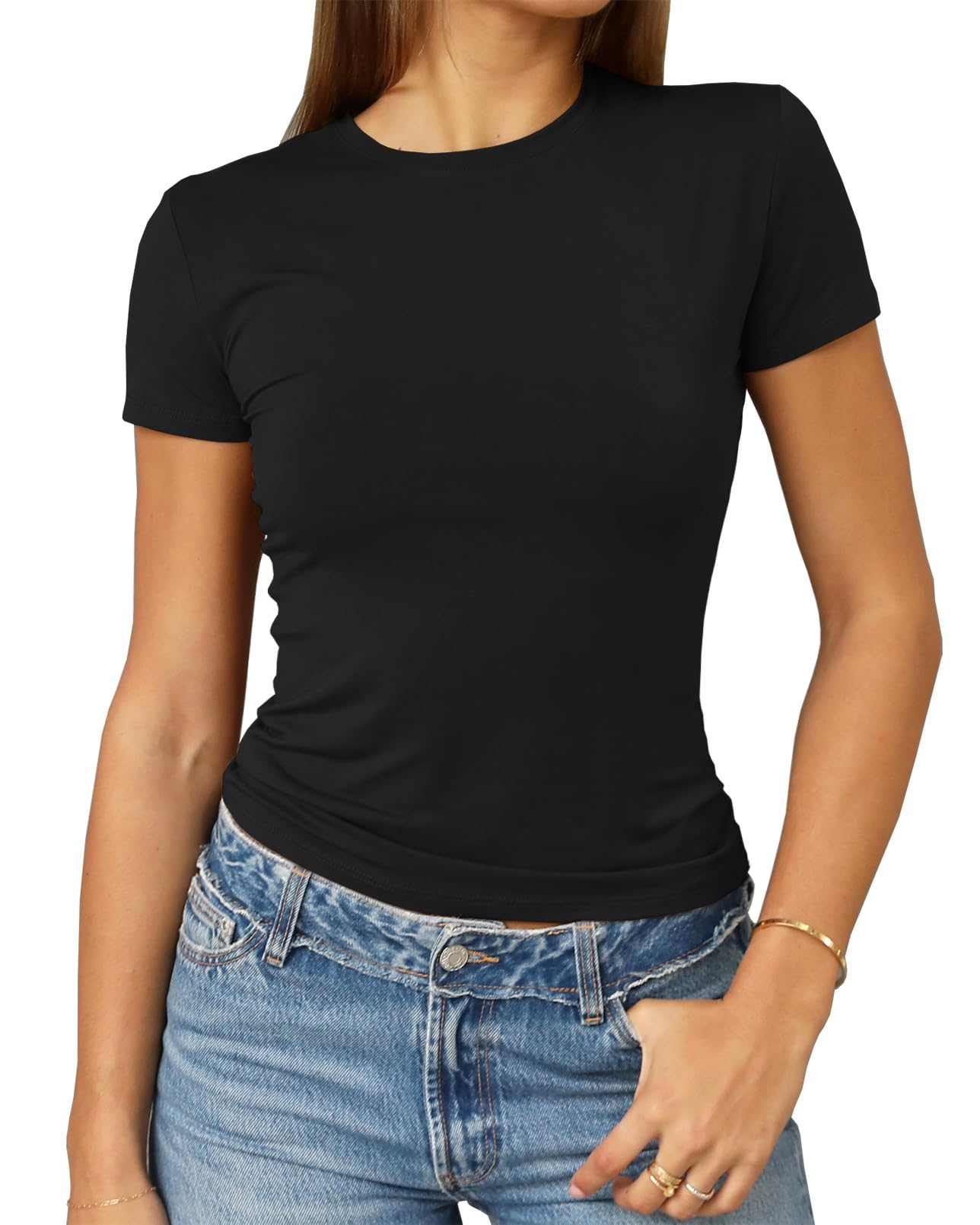 Photo 1 of Abardsion Women's Casual Basic Going Out Crop Tops Slim Fit Short Sleeve Crew Neck Tight T Shirts 2025 (Black, XL)