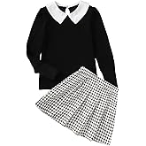 WDIRARA Girl's 2 Piece Outfits Long Sleeve Collar Top Houndstooth Pleated Skirt Set