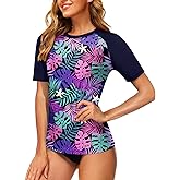 AOBUTE Women Short Sleeve Rash Guard UPF 50+ Tropical Sun Protection Floral Swim Shirts