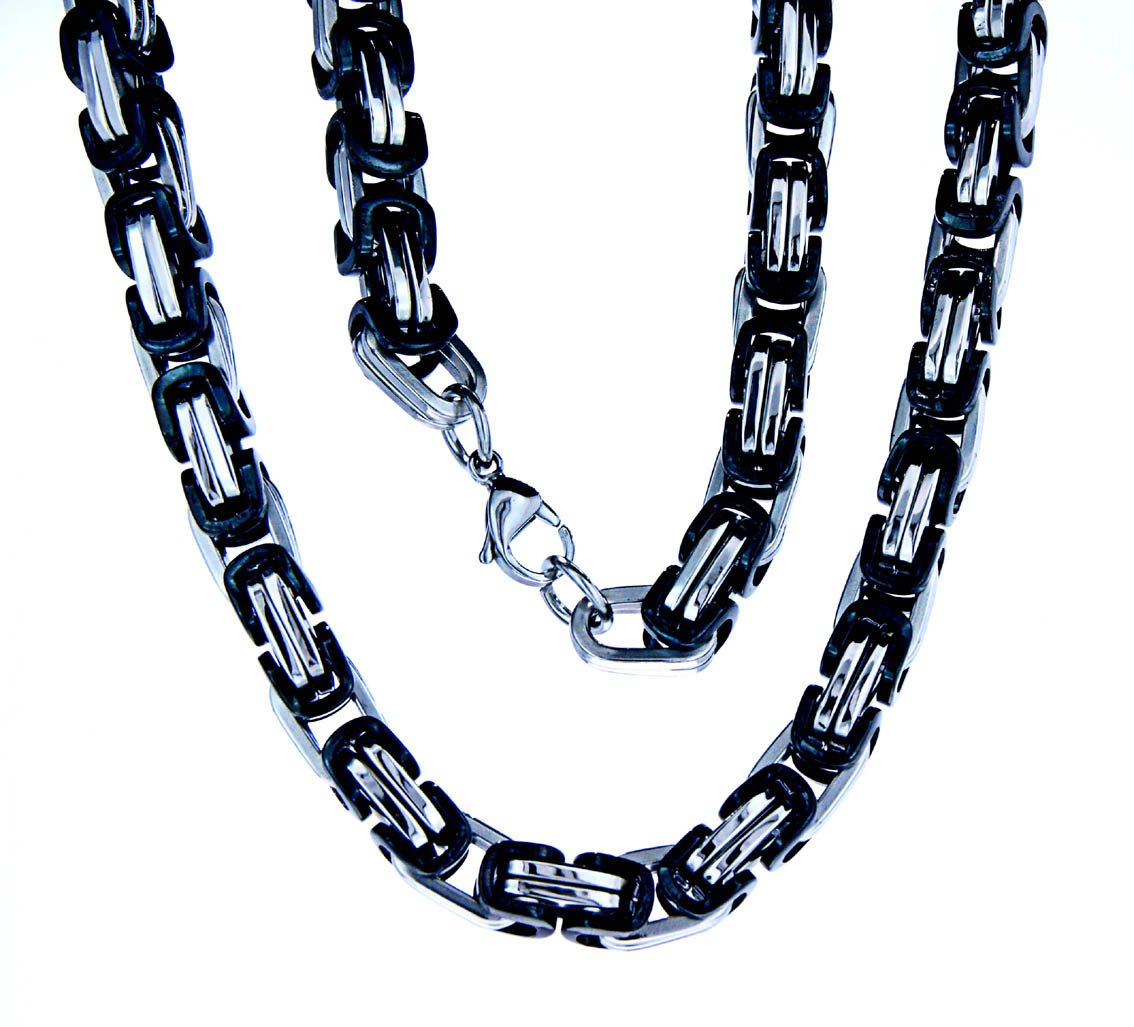 Kiss of Leather Black Silver Stainless Steel Byzantine Chain 9mm 55-70cm