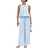 Tanming Women's 2 Piece Set Outfits Gingham Plaid Tank Tops Wide Leg Pants Matching Lounge Sets