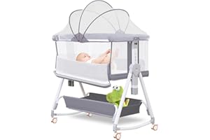 MEICHYUN Baby Bassinet Bedside Sleeper for Baby,Bedside Bassinet with Wheels and Storage Basket,All Mesh Portable Bassinet for Newborn,7 Height Adjustable Easy to Assemble Bedside Crib(3 in 1,Grey)
