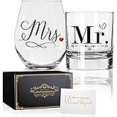 Perfectinsoy Mr Whiskey Glasses and Mrs Wine Glasses Gift Set, Funny Anniversary Wine Glass Gifts for Couples, Wedding Anniversary Birthday Gifts for Wife Husband Dad Mom Couple SoulMate