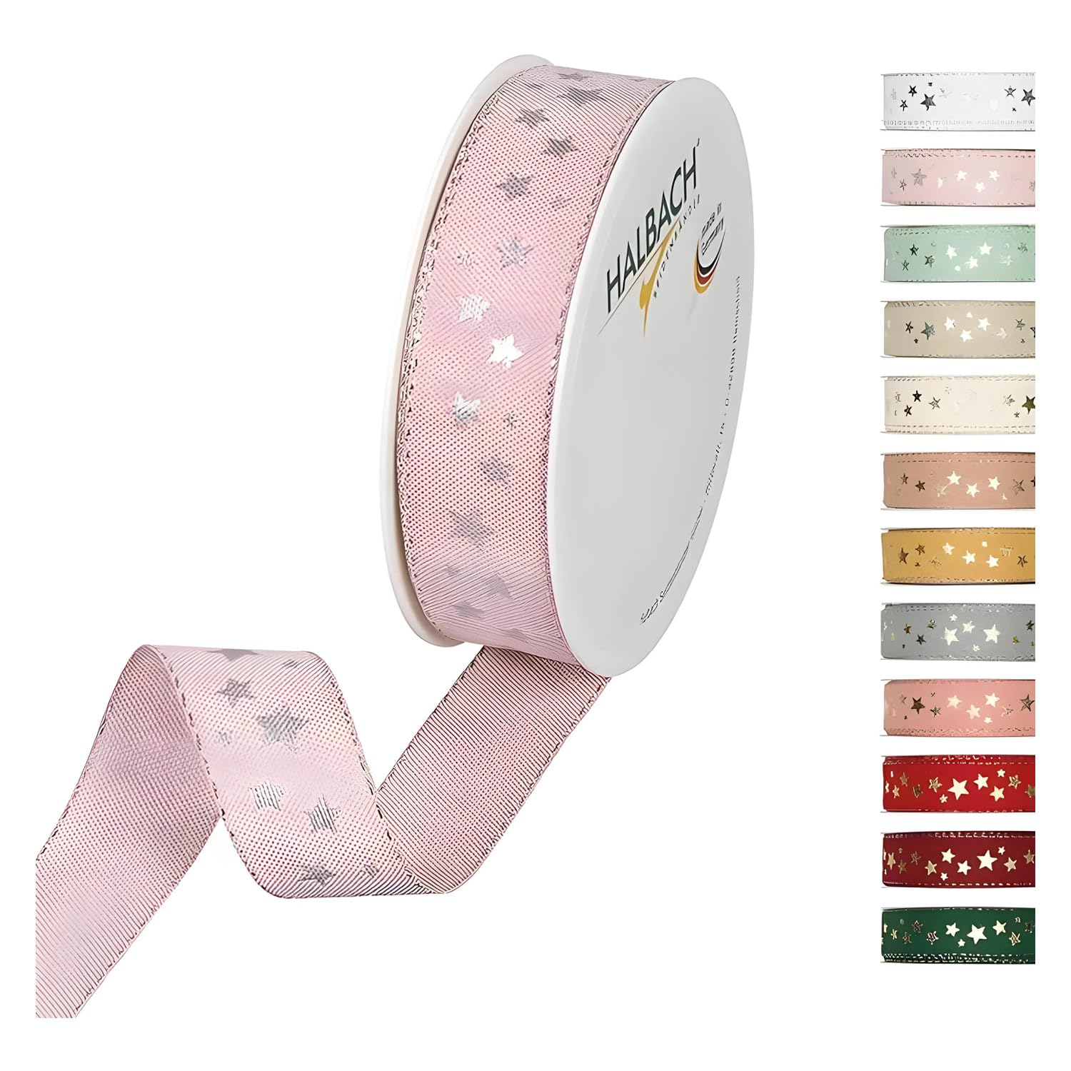 Halbach Seidenbänder Christmas Ribbon 25mm x 18m - Linen with Silver Stars and Lurex Edges - Polyester